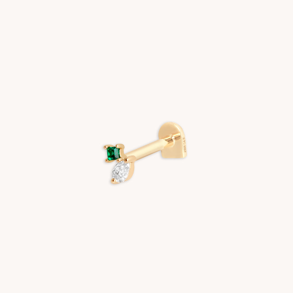 Flat Back Labret Studs - Diamond & Emerald Pear Piercing Stud in Solid Gold - Piercing Stud - Astrid & Miyu