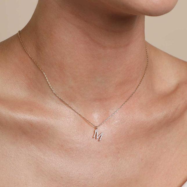 18k Gold Plated Jewellery - M Initial Pavé Pendant Necklace in Gold - Pendant Necklace - Astrid & Miyu