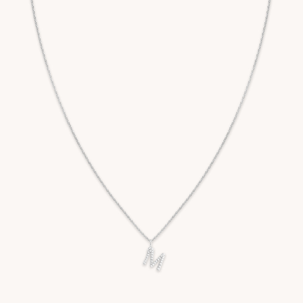 Gemstone Necklaces - M Initial Pavé Pendant Necklace in Silver - Pendant Necklace - Astrid & Miyu